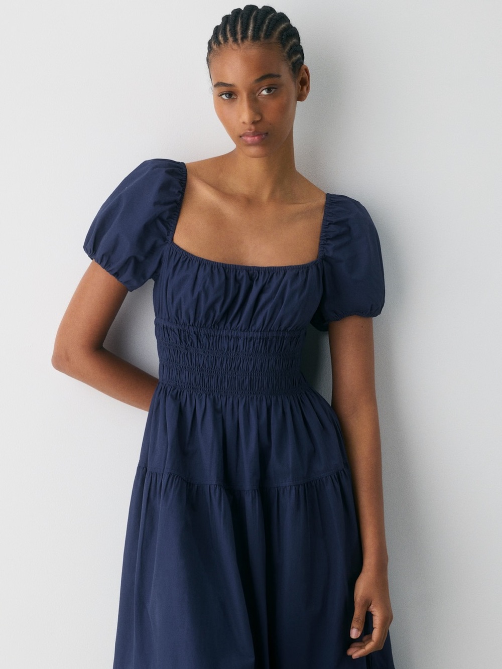 Aritzia Navy Puff-Sleeve Smocked Midi Dress